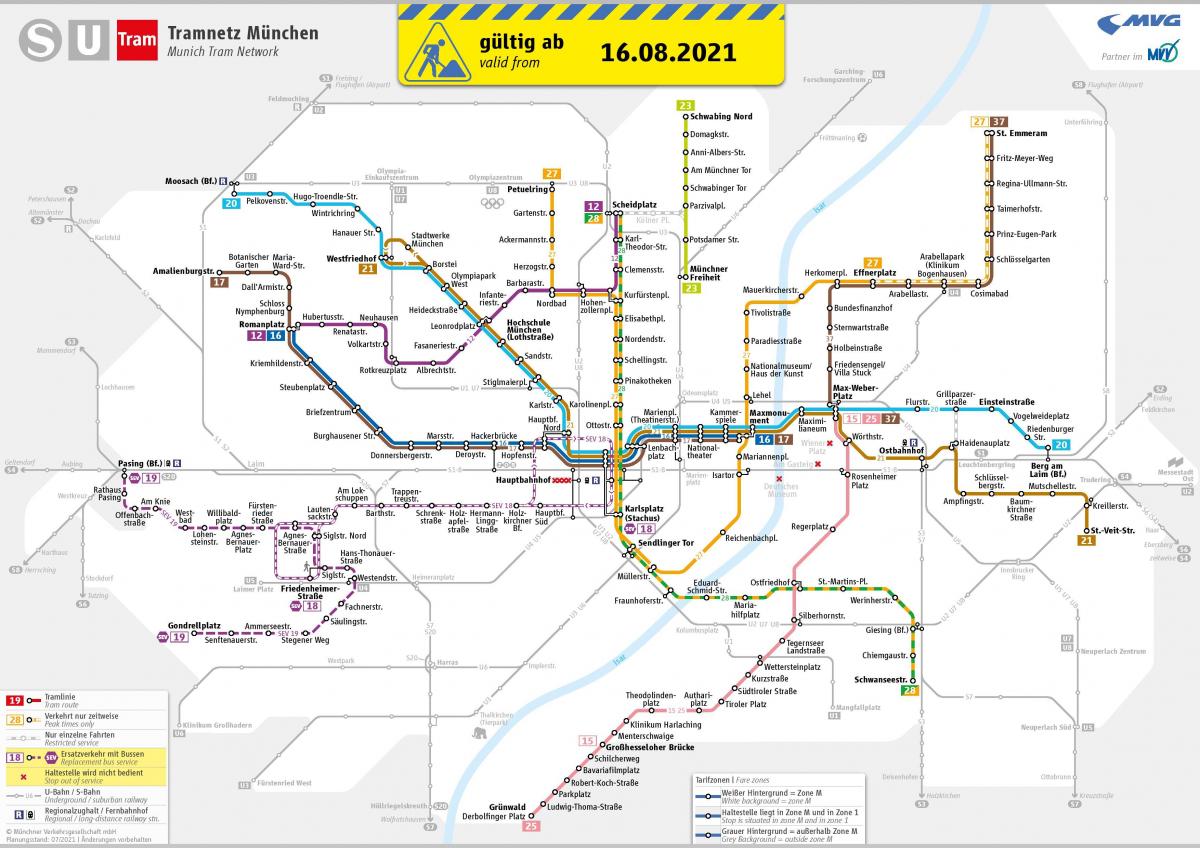 Plan des stations de tramway de Munich